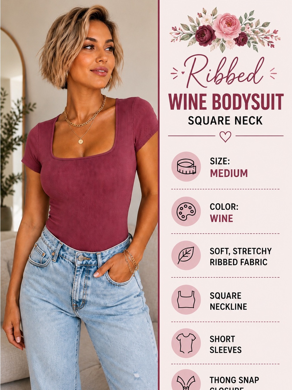 Dusty Wine Square Neck Bodysuit | Soft Stretch | Size Medium